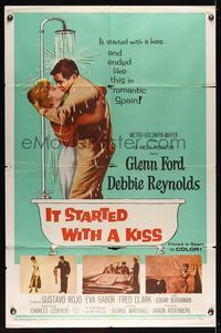 6k456 IT STARTED WITH A KISS 1sh '59 Glenn Ford & Debbie Reynolds kissing in shower in Spain!