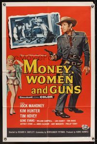 6k609 MONEY, WOMEN & GUNS 1sh '58 cowboy Jock Mahoney w/revolver, cool gambling image!