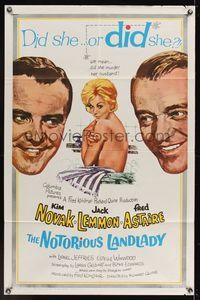 6k651 NOTORIOUS LANDLADY 1sh '62 art of sexy naked Kim Novak between Jack Lemmon & Fred Astaire!