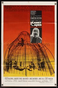 6k699 PLANET OF THE APES 1sh '68 Charlton Heston, classic sci-fi, cool image of caged humans!