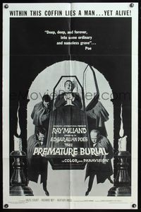 6k711 PREMATURE BURIAL 1sh R67 Edgar Allan Poe, cool Reynold Brown art of Ray Milland buried alive!