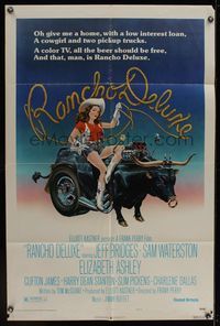 6k726 RANCHO DELUXE style B 1sh '75 John Alvin art of sexy cowgirl riding wacky bull car!