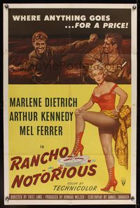 6k727 RANCHO NOTORIOUS 1sh '52 Fritz Lang directed, art of sexy Marlene Dietrich showing leg!