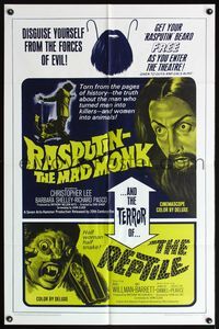 6k729 RASPUTIN THE MAD MONK/REPTILE 1sh '66 wacky Hammer double-bill, free Rasputin beards!