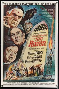 6k730 RAVEN 1sh '63 art of Boris Karloff, Vincent Price & Peter Lorre by Reynold Brown!