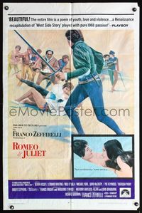 6k751 ROMEO & JULIET style B 1sh '69 Franco Zeffirelli's version of Shakespeare's play, cool art!