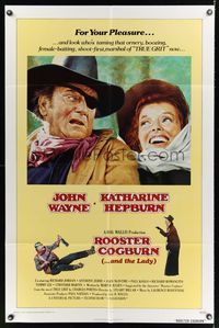 6k752 ROOSTER COGBURN int'l 1sh '75 great art of John Wayne with eyepatch & Katharine Hepburn!