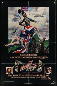 6k756 ROYAL FLASH 1sh '75 great art of uniformed Malcolm McDowell & sexy babe draped in flag!