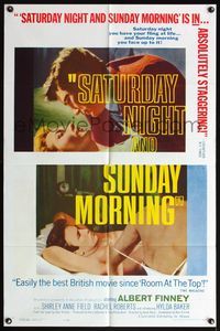 6k766 SATURDAY NIGHT & SUNDAY MORNING 1sh '61 close-up of Albert Finney & Shirley Anne Field!