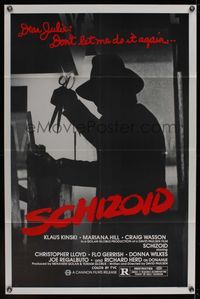 6k770 SCHIZOID 1sh '80 cool silhouette of crazed madman Klaus Kinski attacking with scissors!