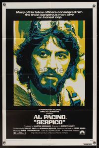 6k776 SERPICO 1sh '74 cool close up image of Al Pacino, Sidney Lumet crime classic!