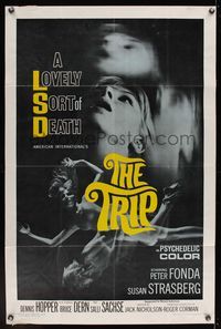6k906 TRIP 1sh '67 AIP, written by Jack Nicholson, LSD, wild sexy psychedelic drug image!