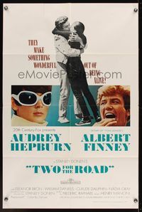 6k919 TWO FOR THE ROAD 1sh '67 Audrey Hepburn & Albert Finney embrace, directed by Stanley Donen!