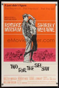 6k920 TWO FOR THE SEESAW 1sh '62 art of Robert Mitchum & sexy beatnik Shirley MacLaine!