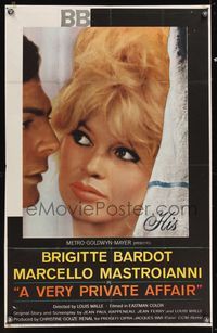 6k937 VERY PRIVATE AFFAIR 1sh '62 Vie Privee, close-up of sexiest Brigitte Bardot!
