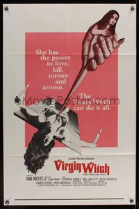 6k944 VIRGIN WITCH int'l 1sh '72 Ann Michelle occult horror, wild image of girl to be sacrificed!