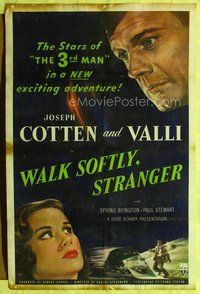 6k947 WALK SOFTLY STRANGER 1sh '50 Robert Stevenson directed, art of Joseph Cotten & pretty Valli!