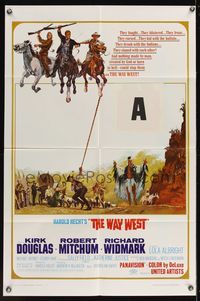 6k951 WAY WEST style B 1sh '67 Kirk Douglas, Robert Mitchum, great art of frontier justice!