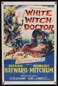 6k966 WHITE WITCH DOCTOR 1sh '53 art of Susan Hayward & Robert Mitchum in African jungle!