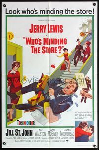 6k969 WHO'S MINDING THE STORE 1sh '63 Jerry Lewis is the unhandiest handyman, Jill St. John!