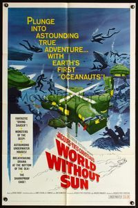 6k988 WORLD WITHOUT SUN 1sh '65 adventures of Jacques-Yves Cousteau's oceanauts, cool art!