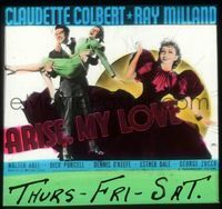 6m064 ARISE MY LOVE glass slide '40 Claudette Colbert close up & being carried by Ray Milland!