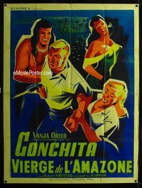 6p583 MACUMBA French 1p '56 artwork of a wild jungle beauty & love-hungry men fighting!