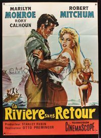 6p631 RIVER OF NO RETURN French 1p R1960s Belinsky art of Mitchum holding sexy Marilyn Monroe!