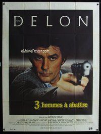 6p672 THREE MEN TO DESTROY French 1p '80 cool super close image of Alain Delon pointing gun!