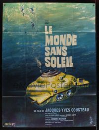 6p697 WORLD WITHOUT SUN French 1p '65 Jacques-Yves Cousteau, cool different scuba art by Darigo!
