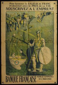 6p002 BANQUE FRANCAISE French 32x47 French bond poster '20 art of people throwing money on scales!