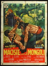 6p367 HERCULES AGAINST THE MONGOLS Italian 1p '63 art of Forest as Hercules fighting for his life!