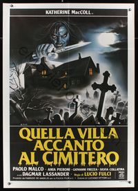 6p372 HOUSE BY THE CEMETERY Italian 1p '84 Lucio Fulci, cool graveyard horror art by E. Sciotti!