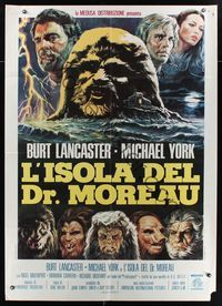 6p375 ISLAND OF DR. MOREAU Italian 1p '77 art of mad scientist Burt Lancaster & manimals!