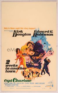 6p079 2 WEEKS IN ANOTHER TOWN WC '62 cool art of Kirk Douglas & sexy Cyd Charisse by Bart Doe!