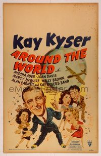 6p095 AROUND THE WORLD WC '43 cool cartoon art of Kay Kyser & top stars with plane & globe!