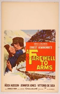 6p151 FAREWELL TO ARMS WC '58 art of Rock Hudson kissing Jennifer Jones, Ernest Hemingway