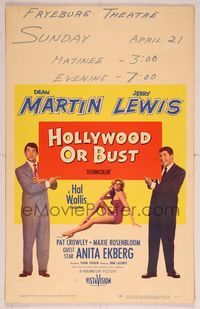 6p174 HOLLYWOOD OR BUST WC '56 wacky art of Dean Martin & Jerry Lewis in car, sexy Anita Ekberg!