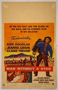 6p202 MAN WITHOUT A STAR WC '55 art of cowboy Kirk Douglas holding saddle, Jeanne Crain