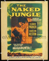 6p215 NAKED JUNGLE WC '54 romantic close up of Charlton Heston & Eleanor Parker, George Pal