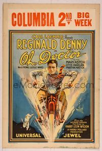 6p218 OH DOCTOR WC '25 great stone litho of Reginald Denny going realy fast on motorcycle!