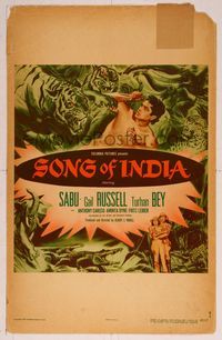 6p250 SONG OF INDIA WC '49 art of Gail Russell & Turhan Bey + Sabu attacking tiger with knife!
