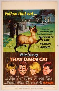 6p275 THAT DARN CAT WC '65 great art of Hayley Mills & Disney Siamese feline!