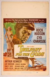 6p287 TWILIGHT FOR THE GODS WC '58 great artwork of Rock Hudson & sexy Cyd Charisse on beach!