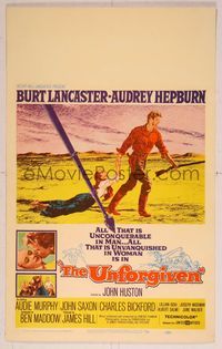 6p288 UNFORGIVEN WC '60 Burt Lancaster drags Audrey Hepburn on the ground, directed by John Huston!