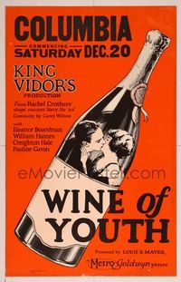 6p300 WINE OF YOUTH WC '24 King Vidor, cool art of young lovers kissing inside wine bottle!