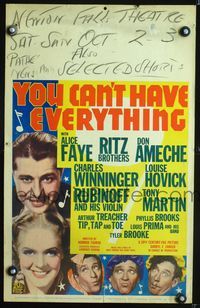6p306 YOU CAN'T HAVE EVERYTHING WC '37 pretty Alice Faye, Ritz Brothers, Don Ameche