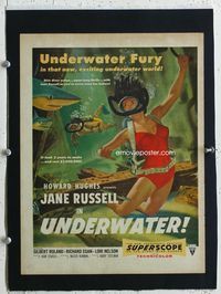 6r061 UNDERWATER linen trade ad '55 Howard Hughes, sexiest artwork of skin diver Jane Russell!