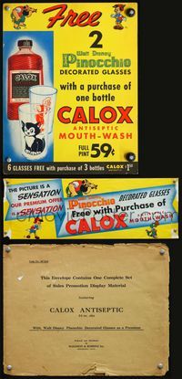 6r041 PINOCCHIO 2 special posters '40 Disney, free decorated glasses w/purchase of Calox mouthwash!