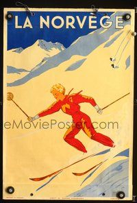 6r064 LA NORVEGE Norwegian travel poster '33 art of woman skiing down mountain by Erung Nielsen!